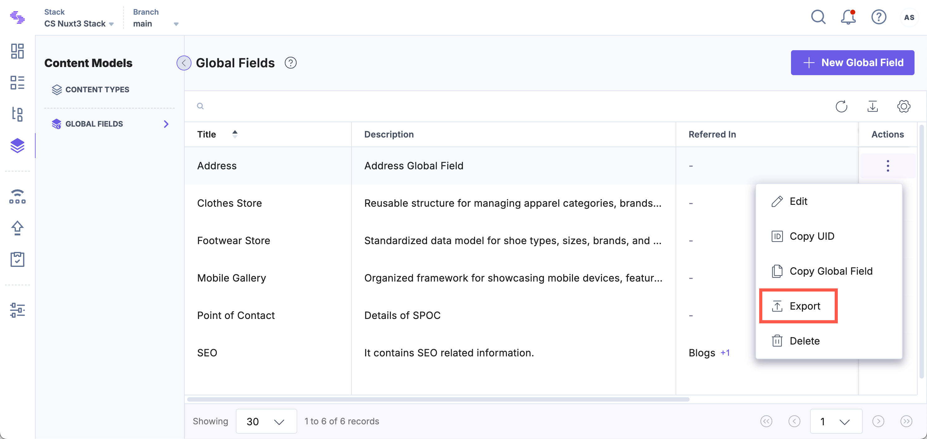 Export Global Field option in action menu