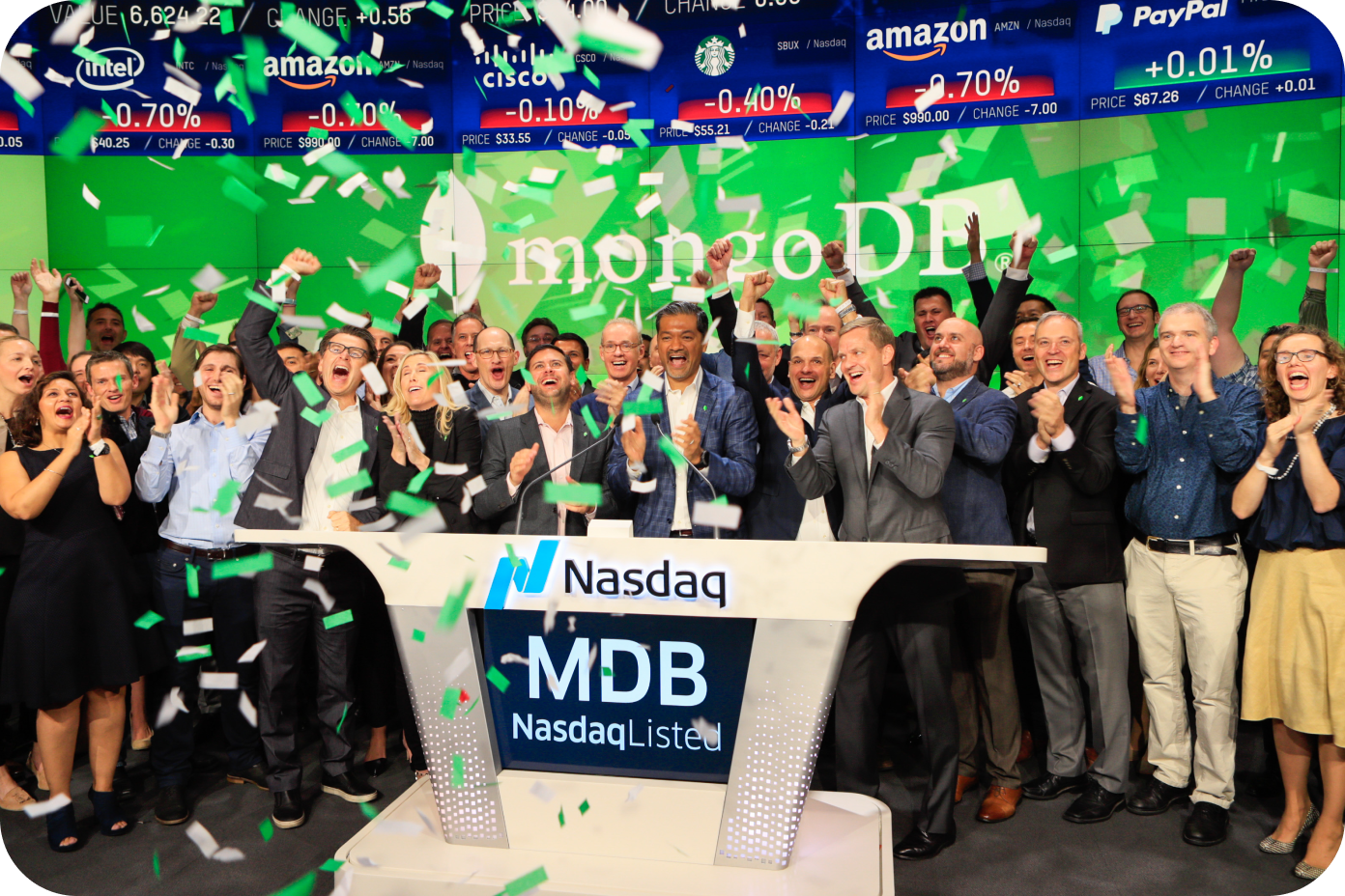 The MongoDB team celebrates their IPO at the Nasdaq MarketSite in Times Square.