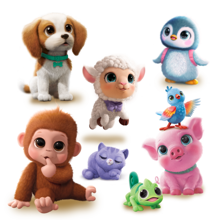 Little Live Pets characters including Monkey lamb dog, penguin chameleon, pig and bird.